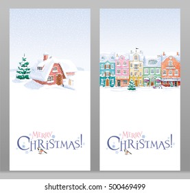 Winter rural landscape with small house and fir-tree under the snowfall. Two Christmas greeting cards.