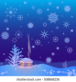 Winter rural landscape with small house and tree under the snowfall