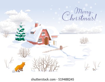 Winter rural landscape with small house and fir-tree. Image can be used as Christmas greeting card, banner or poster for sales and other Christmas events.