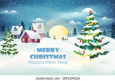 Winter rural landscape with village houses in a pine forest and a Christmas tree with decorations. Christmas vector landscape 