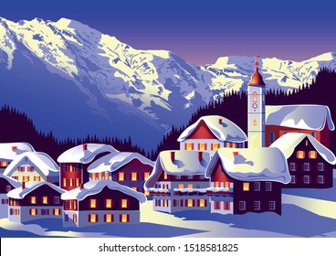 Winter rural landscape with a village under the snow in the foreground and forest and mountains in the background. Handmade drawing vector illustration.