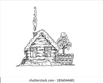 Winter, Rural Landscape. The Wooden House Is Covered With Snow And Smoke From The Chimney. Coloring. Vector Graphics.