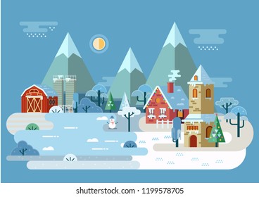 Winter at rural town. Village panorama with ice and snow, mountains and trees. Snowfall at countryside with house and church, barn. Wintertime and season at countryside, farm scenery theme