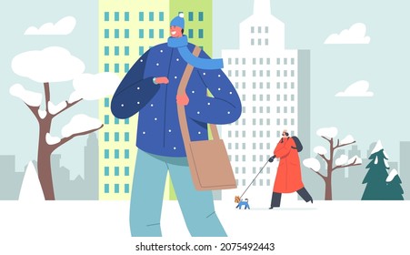 Winter Rush on City Street. Characters Walking at Cityscape under Falling Snow. Young Man Wearing Modern Casual Winter Jacket, Knit Hat and Scarf, Woman with Dog. Cartoon People Vector Illustration