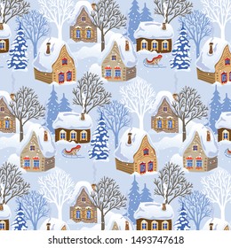 Winter russian landscape with rustic snow-covered houses, trees and fir trees