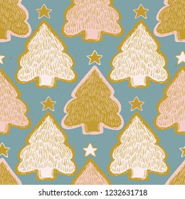 Winter Rustic Christmas Tree Lino Cut Texture Seamless Vector Pattern, Sketch Pine Forest Block Print Style for Xmas Home Decor, Nordic Textile, Festive Holiday Backdrop Teal Blue Mustard Yellow Ecru