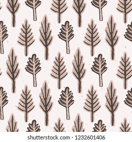 Winter Rustic Fir Tree Lino Cut Texture Seamless Vector Pattern, Sketchy Pine Forest Block Print Style for Xmas Home Decor, Christmas Wallpaper, Nordic Textile, Yule Cards, Festive Holiday Brown Ecru