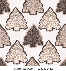 Winter Rustic Fir Tree Lino Cut Texture Seamless Vector Pattern, Sketchy Pine Forest Block Print Style for Xmas Home Decor, Christmas Wallpaper, Nordic Textile, Yule Cards, Festive Holiday Brown Ecru