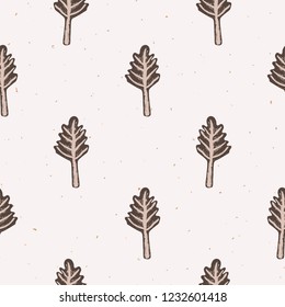 Winter Rustic Fir Tree Lino Cut Texture Seamless Vector Pattern, Sketchy Pine Forest Block Print Style for Xmas Home Decor, Christmas Wallpaper, Nordic Textile, Yule Cards, Festive Holiday Brown Ecru