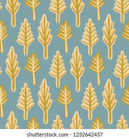 Winter Rustic Fir Tree Lino Cut Texture Seamless Vector Pattern, Sketchy Pine Forest Block Print Style for Xmas Home Decor, Christmas Wallpaper, Nordic Textile, Backdrop, Ecru Teal Blue Mustard Yellow