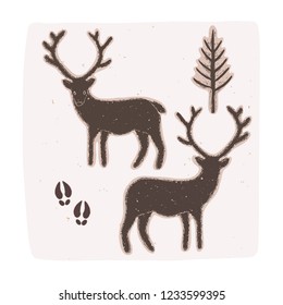 Winter Rustic Forest Vector Collection Elements Set. Reindeer, Elk, Deer, Pine Tree, Hoof Print. Lino Cut Block Print Style for Boho Christmas Home Decor, Nordic Outdoor Camping Packaging. Brown Ecru