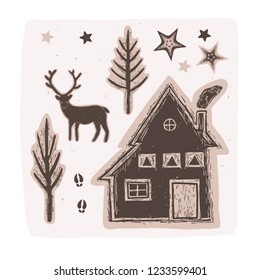 Winter Rustic Forest Vector Collection Elements Set. Reindeer, Cozy Cabin, Pine Tree, Sky, Smoke. Lino Cut Block Print Style for Boho Christmas Home Decor, Nordic Outdoor Camping Packaging. Brown Ecru