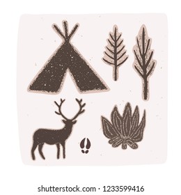 Winter Rustic Forest Vector Collection Elements Set. Reindeer, Campfire, Pine Tree, Tipi Tent. Lino Cut Block Print Style for Boho Christmas Home Decor, Nordic Outdoor Camping Packaging. Brown Ecru