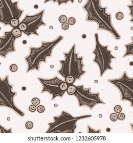 Winter Rustic Holly Lino Cut Texture Seamless Vector Pattern, Sketchy Berries Block Print Style for Xmas Home Decor, Christmas Wallpaper, Nordic Textiles,  Plant Love , Festive Holiday Backdrop Brown