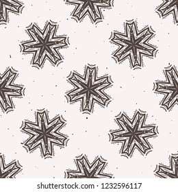 Winter Rustic Snowflake Lino Cut Texture Seamless Vector Pattern, Sketchy Folk Star Block Print Style for Xmas Home Decor, Christmas Wallpaper, Nordic Textile, Yule Card, Festive Holiday Brown Ecru