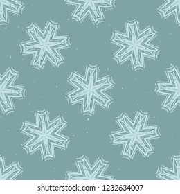 Winter Rustic Snowflake Lino Cut Texture Seamless Vector Pattern, Folk Art Star Block Print Style for Xmas Home Decor, Christmas Wallpaper, Nordic Textile, Festive Holiday Backdrop Frosty Teal Blue