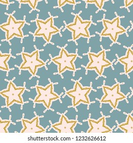 Winter Rustic Stars Lino Cut Texture Seamless Vector Pattern, Sketchy Starry Block Print Style for Xmas Home Decor, Christmas Wallpaper, Nordic Textile, Festive Holiday Backdrop Teal Blue Mustard Ecru