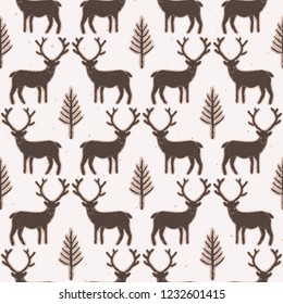 Winter Rustic Tree and Reindeer Lino Cut Texture Seamless Vector Pattern, Pine, Deer Silhouette Forest Block Print Style for Xmas Home Decor, Christmas Wallpaper, Nordic Festive Holiday. Brown Ecru