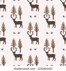 Winter Rustic Tree and Reindeer Lino Cut Texture Seamless Vector Pattern, Pine, Deer Silhouette Forest Block Print Style for Xmas Home Decor, Christmas Wallpaper, Nordic Festive Holiday. Brown Ecru