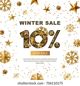 Venda de inverno 10 por cento de desconto, bandeira vetorial com estrelas de ouro 3D e flocos de neve. Estilo de corte de papel 10% de desconto, fundo branco dourado. Layout para cartazes de férias, etiquetas, folhetos e compras.