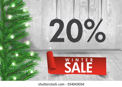 Winter sale 20 percent. Winter sale background with red ribbon banner and snow. Sale. Winter sale. Christmas sale. New year sale. Vector illustration