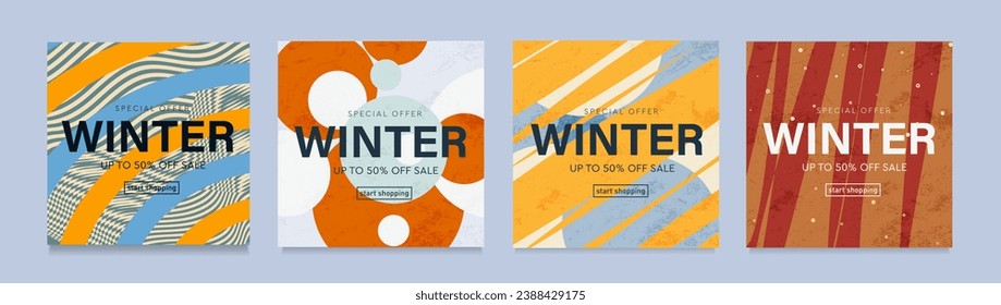 Winter Sale 2024 Year. Christmas Cards in Modern Abstract Geometric Design for Advertising, Web, Social Media, Banner, Cover. Special Offer of 50% Off. Vector Illustration.