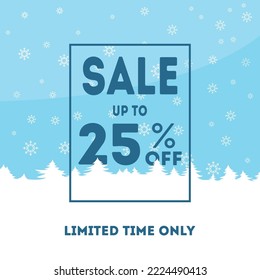 Winter sale 25% banner, poster, flyer template in the frame of snow on blue snowflakes background. Special seasonal offer. Hand lettering inscription. Vector illustration