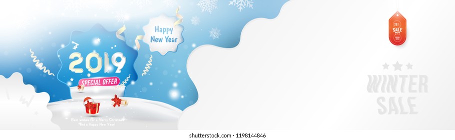 Winter Sale 25% off. Happy new year 2019 Long greeting card template with gift box and snowdrifts on blue background with special offer. Creative banner with ribbons and light effects. Flat vector EPS