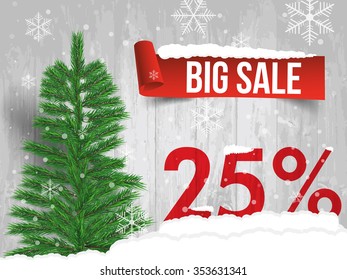 Winter sale 25 percent. Winter sale background with red ribbon banner and snow. Sale. Winter sale. Christmas sale. New year sale. Vector illustration