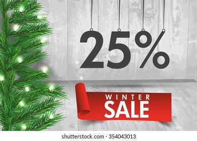 Winter sale 25 percent. Winter sale background with red ribbon banner and snow. Sale. Winter sale. Christmas sale. New year sale. Vector illustration