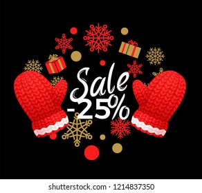 Winter sale 25 percent off poster. Wreath made of snowflakes, knitted red gloves. Woolen mittens realistic outfit gauntlet, warm wintertime accessory