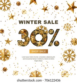 Winter sale 30 percent off, vector banner with 3d gold stars and snowflakes. Paper cut style 30 discount, golden white background. Layout for holiday poster, labels, flyers and shopping.