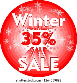 Winter sale 35% banner. White text and snowflakes on background red circle. Vector