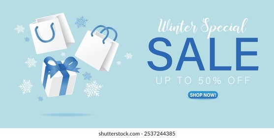 Winter sale 3d background up to 50% offer with gift box, shopping bags and snowflakes. Blue and white seasonal sale vector banner design