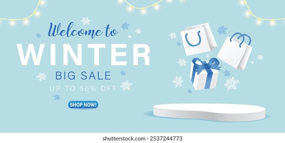 Venda de inverno fundo 3d até 50% oferecer com pódio, caixa de presente, sacos de compras e flocos de neve. Design de banner de vetor de venda sazonal azul e branco