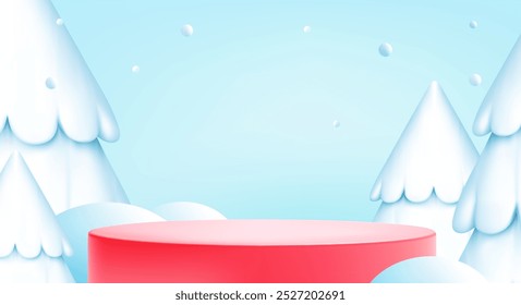 Winter sale 3d background. Season holiday blue banner with red podium, snow tree. Mockup product scene. Cartoon vector illustration