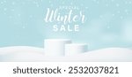 Winter sale 3d with podium for special offer and shop now with snow and ice season with the winter theme.