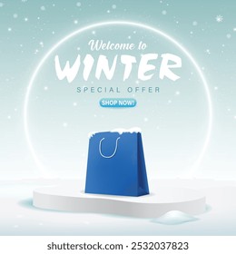 Venta de invierno 3d con podio para oferta especial y comprar ahora con la temporada de nieve y hielo con el tema de invierno.