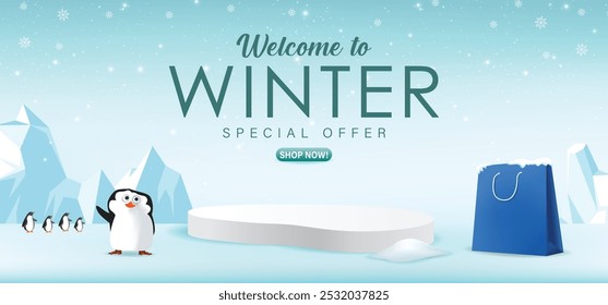 Venda de inverno 3d com pódio para oferta especial e compre agora com a estação de neve e gelo com o tema de inverno.