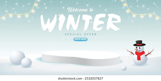 Venda de inverno 3d com pódio para oferta especial e compre agora com a estação de neve e gelo com o tema de inverno.