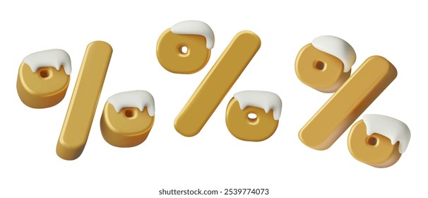 Winter sale 3d render gold percent signs covered with icings and snow caps. Vector illustration.