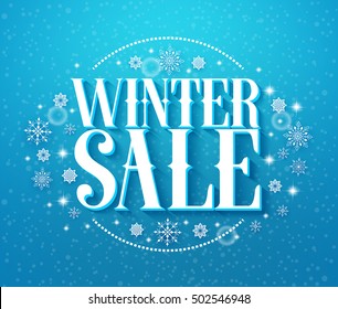 Winter sale 3D text vector illustration in winter background of blue color with snowflakes and lights for seasonal promotion.. Vector illustration.
