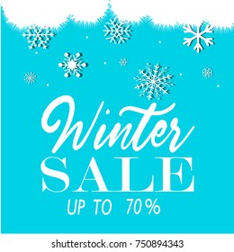 Winter sale 3D text vector illustration in winter background of blue color with snowflakes and lights for seasonal promotion.. Vector illustration.