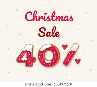 Winter Sale -40% banner with gingerbread cookies on white background. Red gingerbread cookies with snow. Happy new year symbol.Text background. Holiday shopping. Vector banner. 