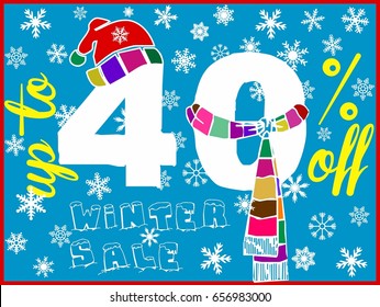 Winter Sale up to 40% off vector vintage, tag, grunge, Beautiful paper art, Discount, shopping, business, promotion, illustration. Concept view of sales label, banner template on snowflake background 