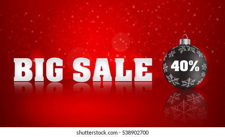 Winter sale 40  percent. Christmas ball on winter background with snow and snowflakes.  Winter sale. Christmas sale. New year sale. Vector illustration