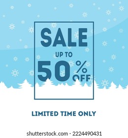 Winter sale 50% banner, poster, flyer template in the frame of snow on blue snowflakes background. Special seasonal offer. Hand lettering inscription. Vector illustration