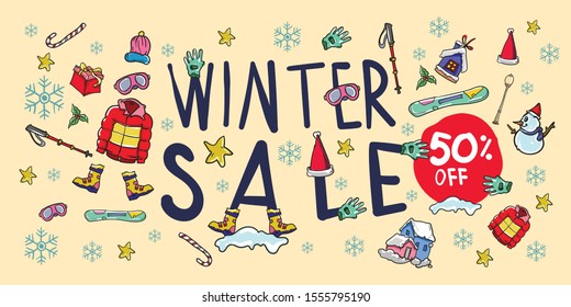 Winter sale 50% off banner doodle illustration. Background and pattern for new year 2020, Christmas, and winter sales promotion material.