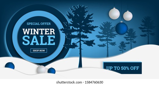 Winter sale, up to 50% off. Glowing discount banner on a blue background. Vector illustration with christmas toys, pine trees and snow. Design for paper, prints, brochures, covers, banners etc.