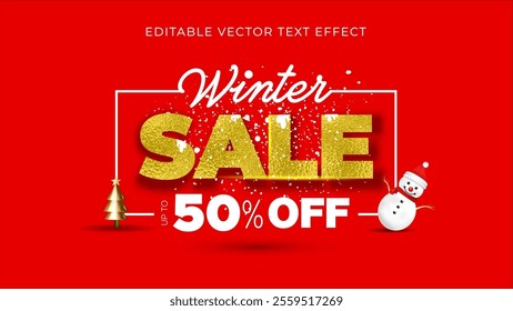 Winter sale 50% off, offer, deal, discount Logo unit with winter elements, snowman snow falls on red background.